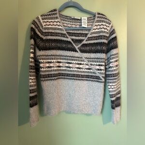 VTG Y2K Faded Glory Large Wool V Neck Waist Length Sweater Gray Pink Winter